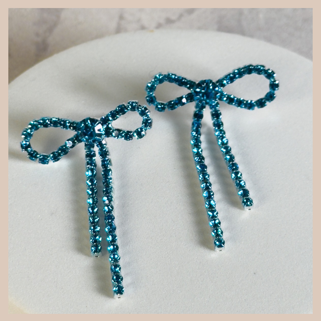 Diamante Bow Earrings - Bright Blue