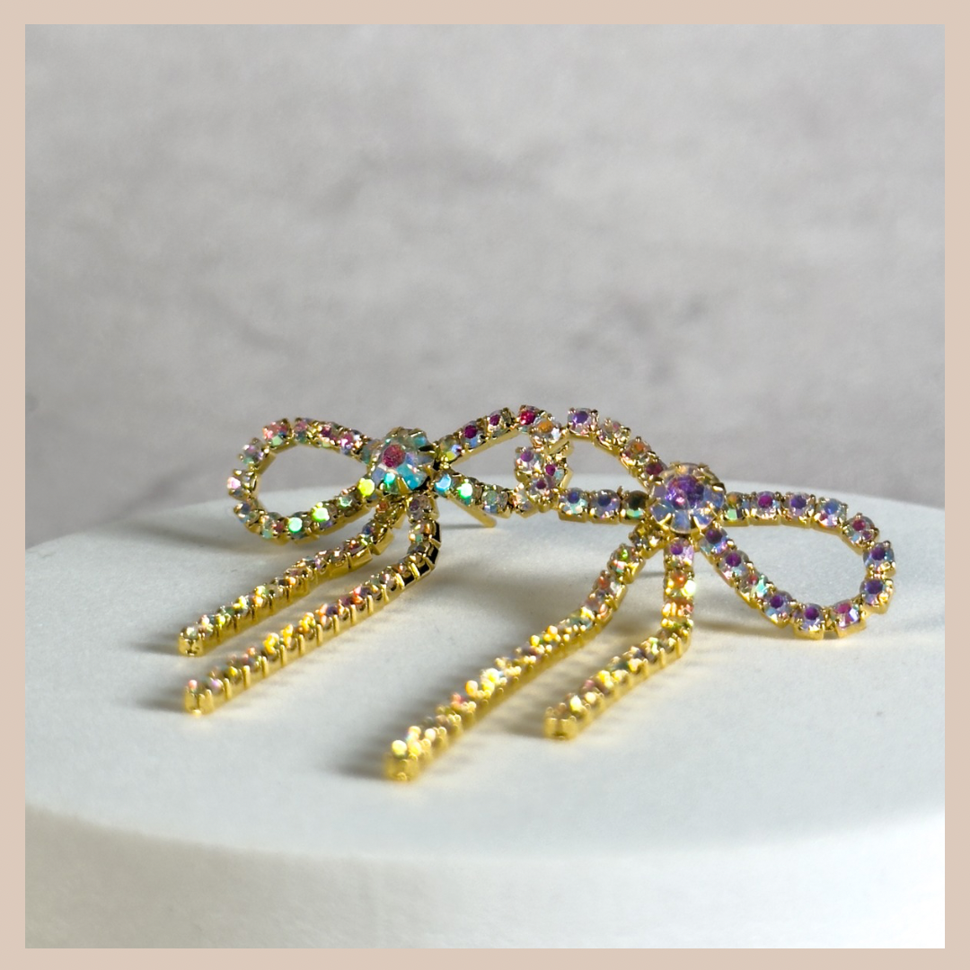 Diamante Bow Earrings - Gold Iridescent