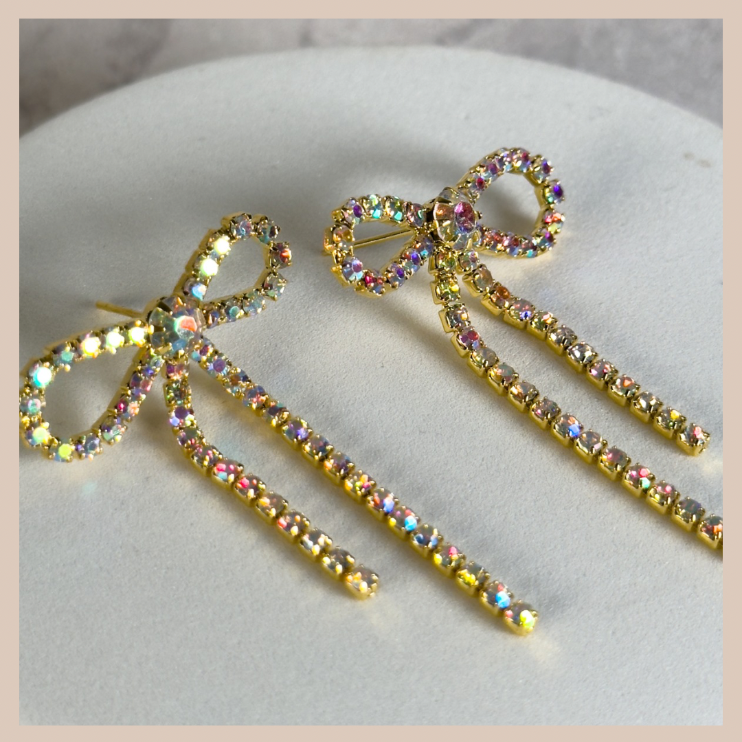 Diamante Bow Earrings - Gold Iridescent