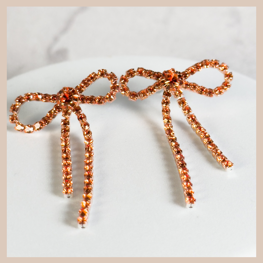 Diamante Bow Earrings - Dark Orange