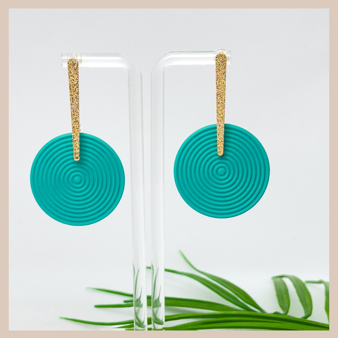 Circular Turquoise & Glittery Gold Earrings