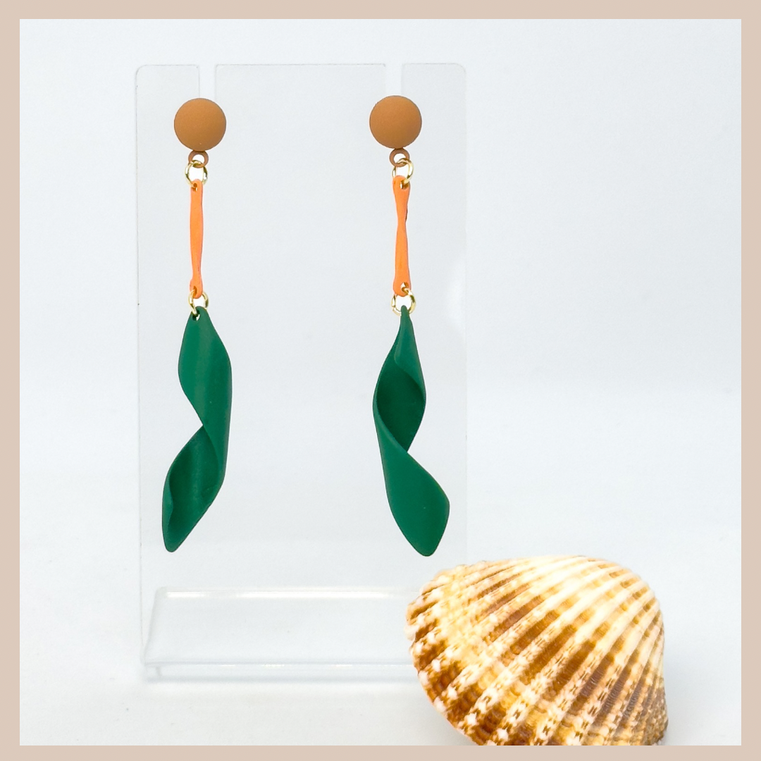 Dark Green & Peach Swirl Earrings