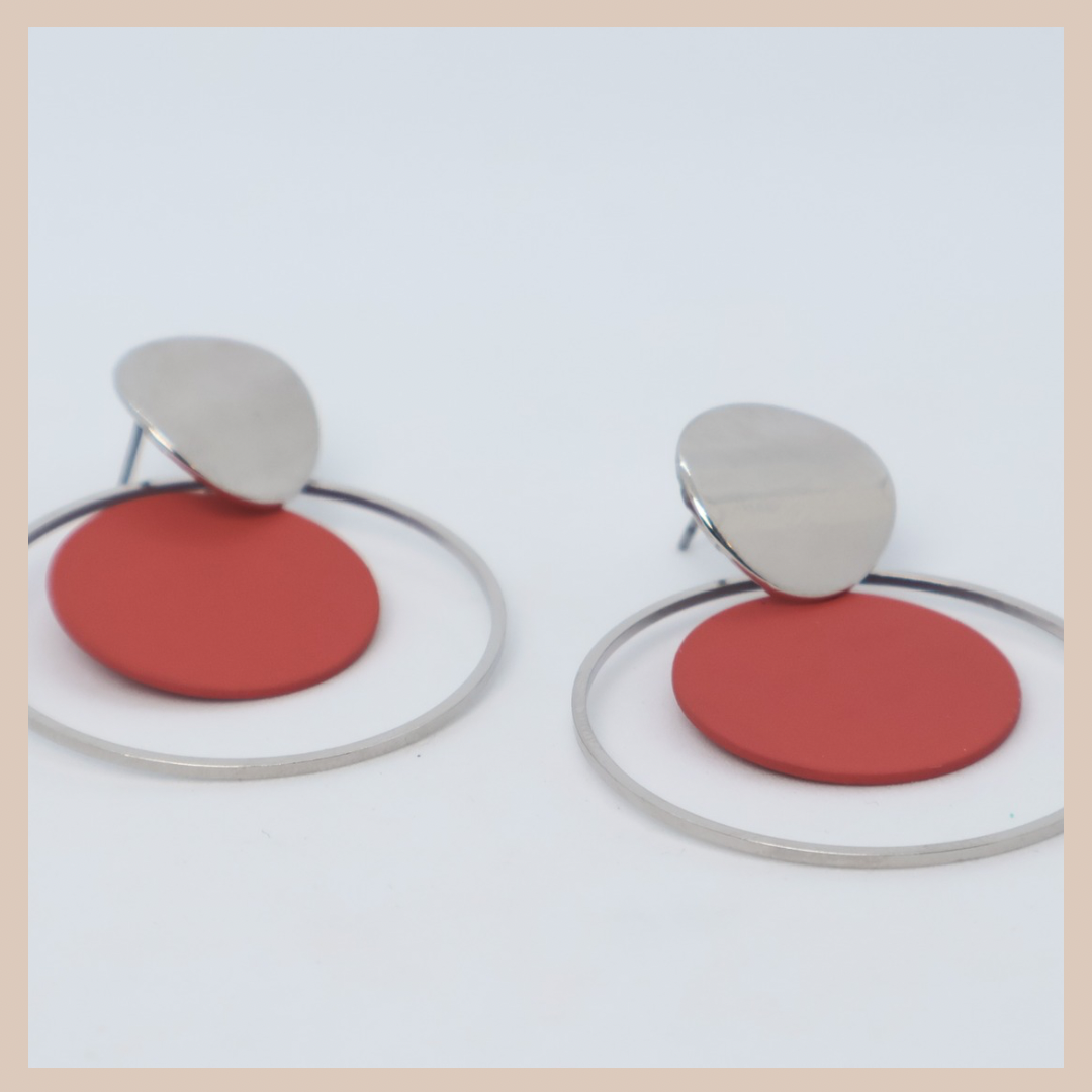 Circular Disc Earrings - Dusky Pink & Silver