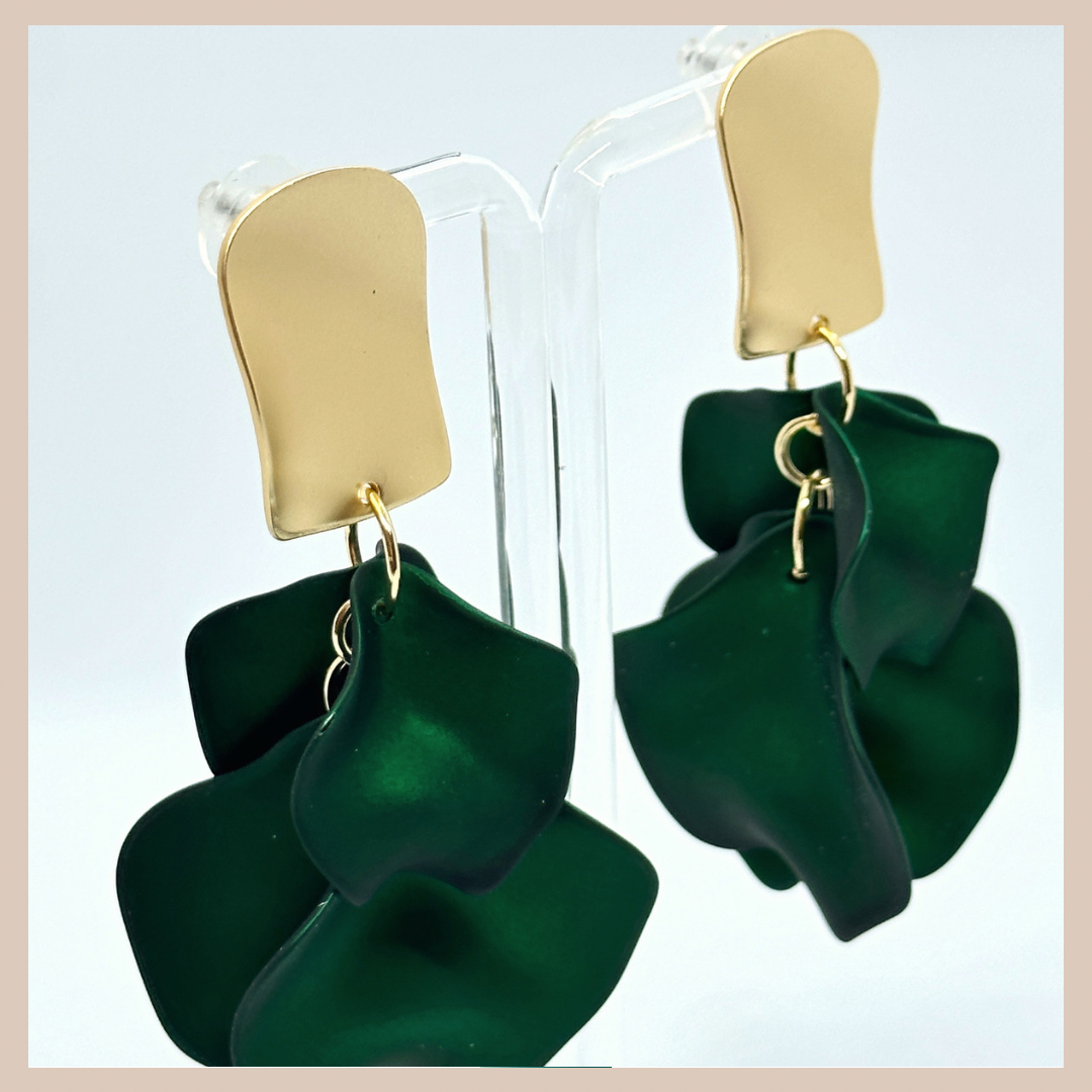 Acrylic Petal Short Drop Earrings - Emerald Shimmer & Gold