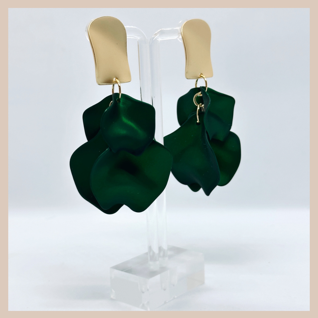 Acrylic Petal Short Drop Earrings - Emerald Shimmer & Gold