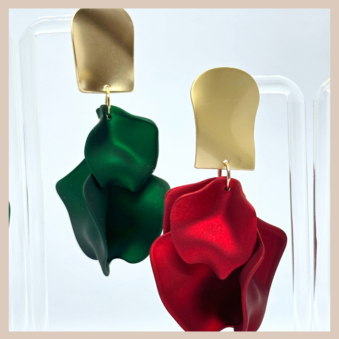 Acrylic Petal Short Drop Earrings - Emerald Shimmer & Gold