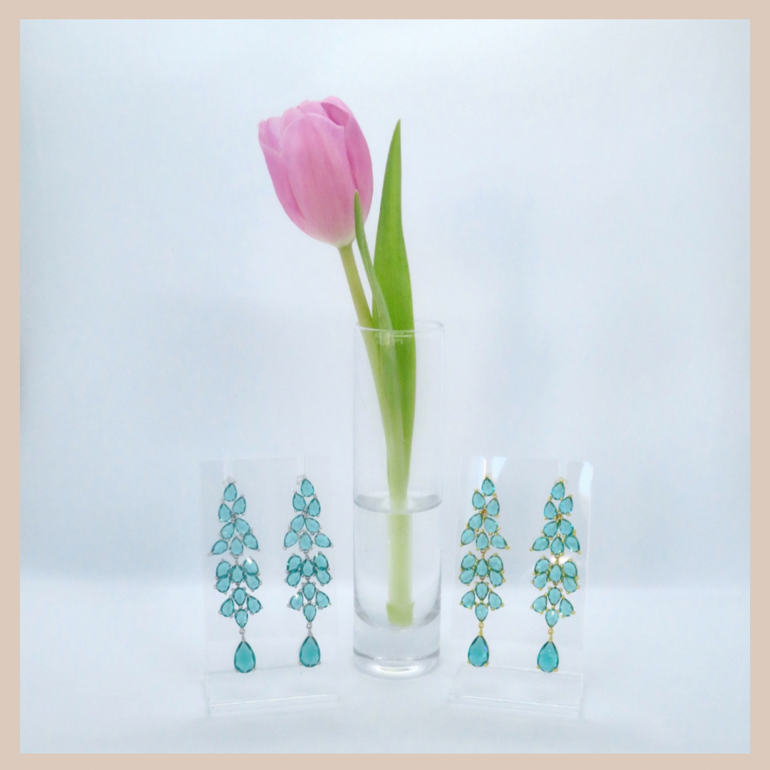 Premium Leaf Cluster Long Drop Earrings - Silver & Sea Green