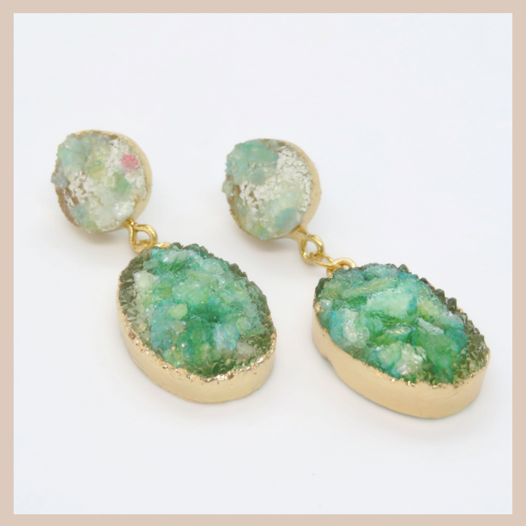 Natural Stone Effect Oval Drop Resin Earrings - Sea Green