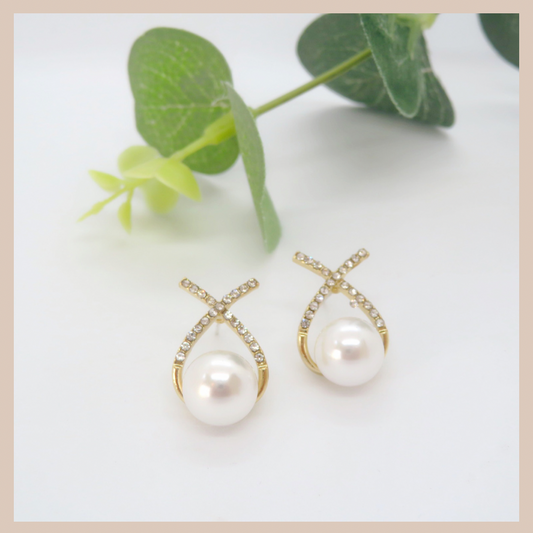 Gold Diamanté Cross Pearl Earrings