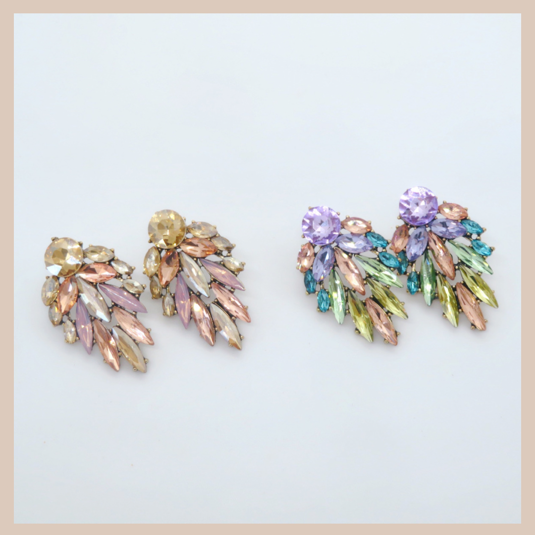 Rhinestone Leaf  Medium Earrings - Lilac Blush Green & Blue