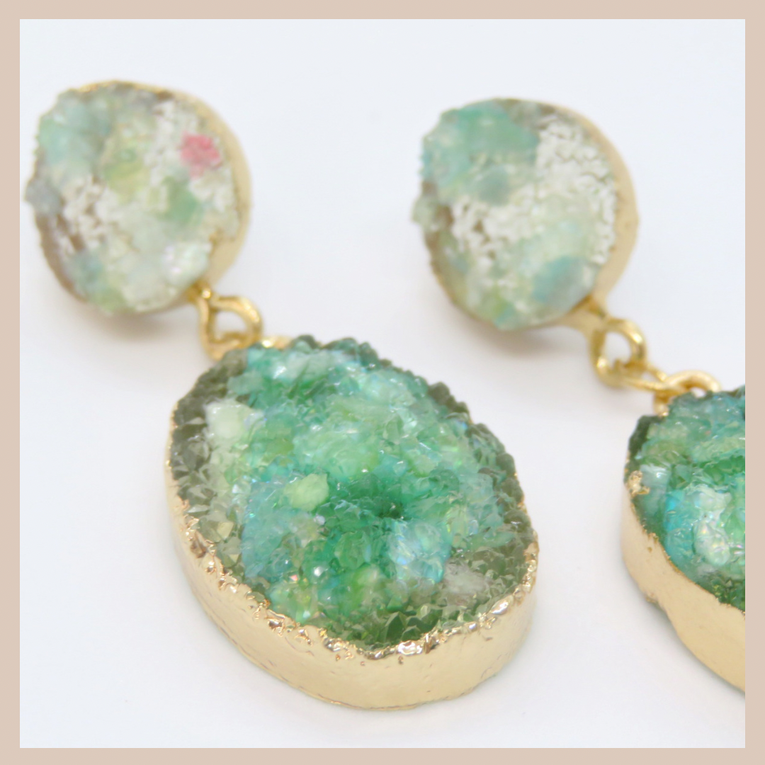 Natural Stone Effect Oval Drop Resin Earrings - Sea Green