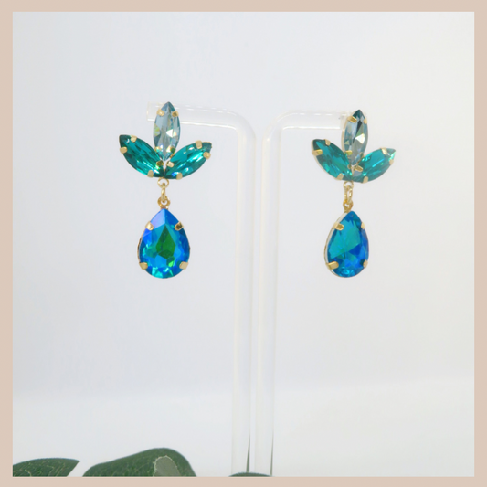 Tulip Water Drop Rhinestone Earrings - Blue & Green