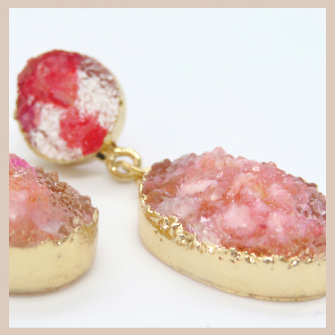 Natural Stone Effect Oval Drop Resin Earrings - Pink