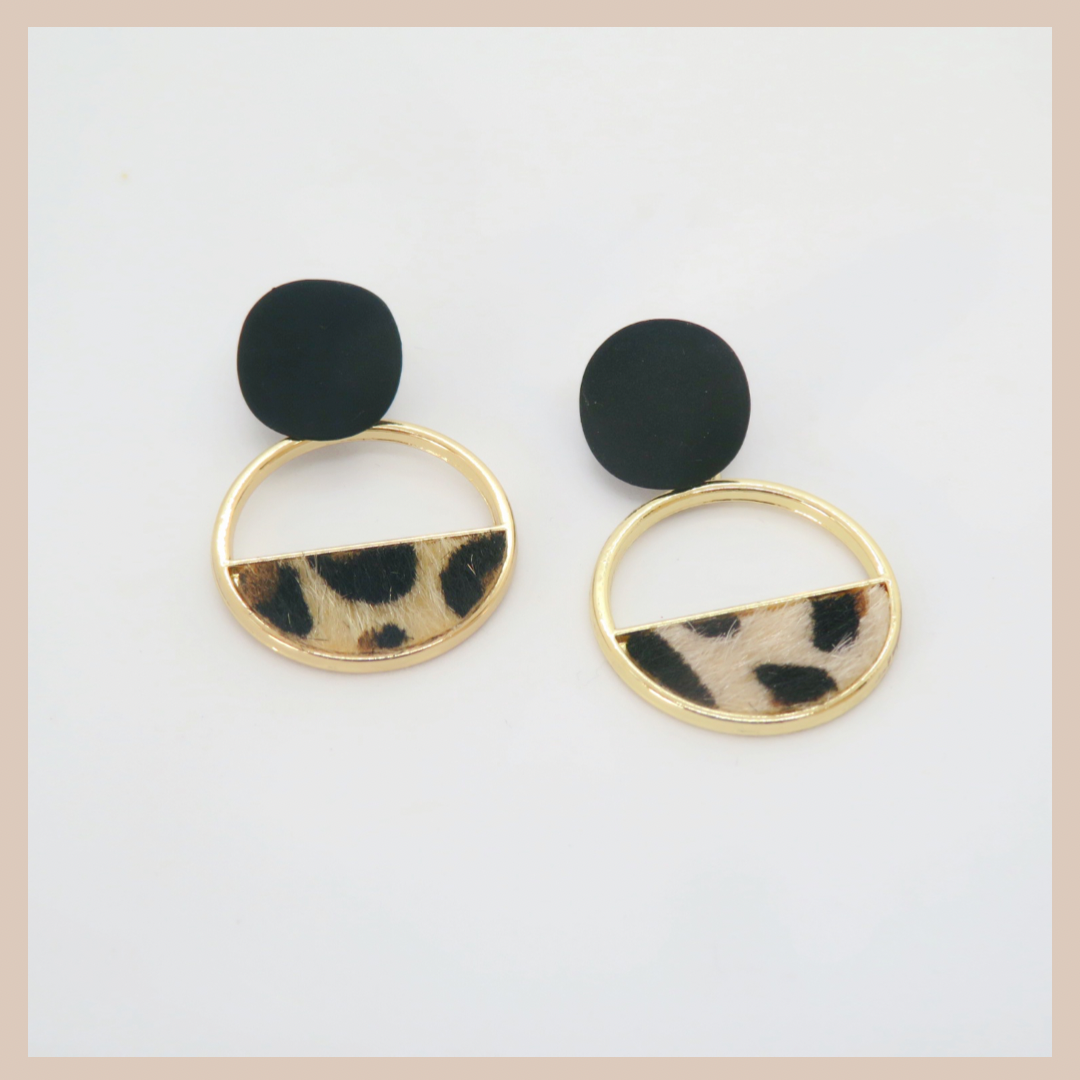 Geometric Leopard & Matte Black Earrings