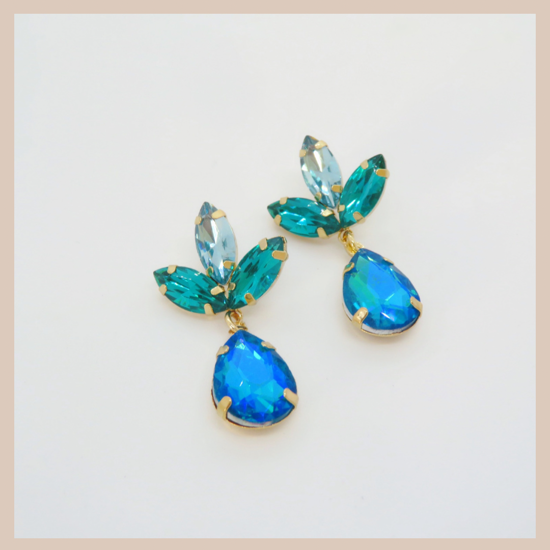 Tulip Water Drop Rhinestone Earrings - Blue & Green