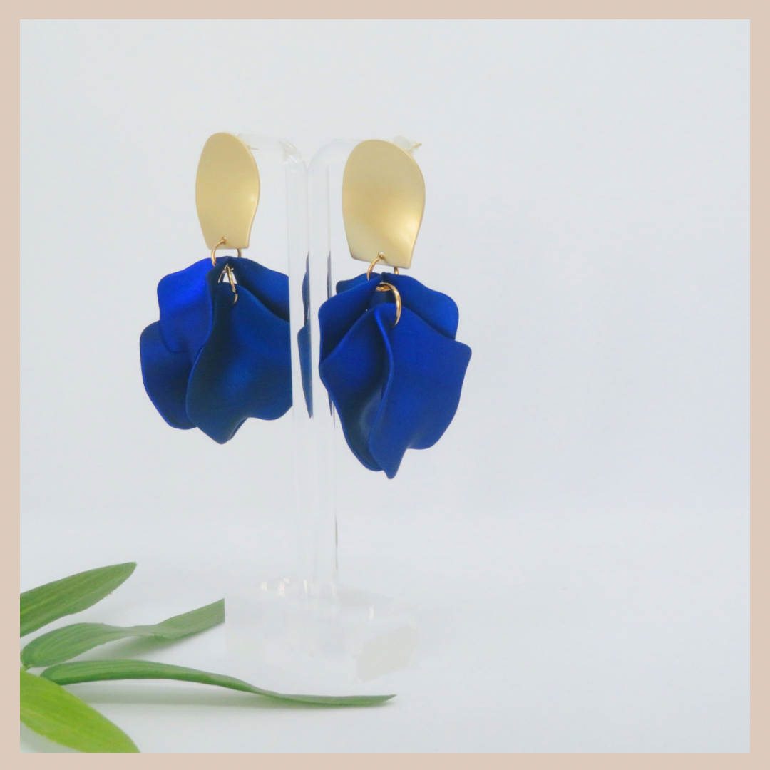 Acrylic Petal Short Drop Earrings - Sapphire Shimmer & Gold