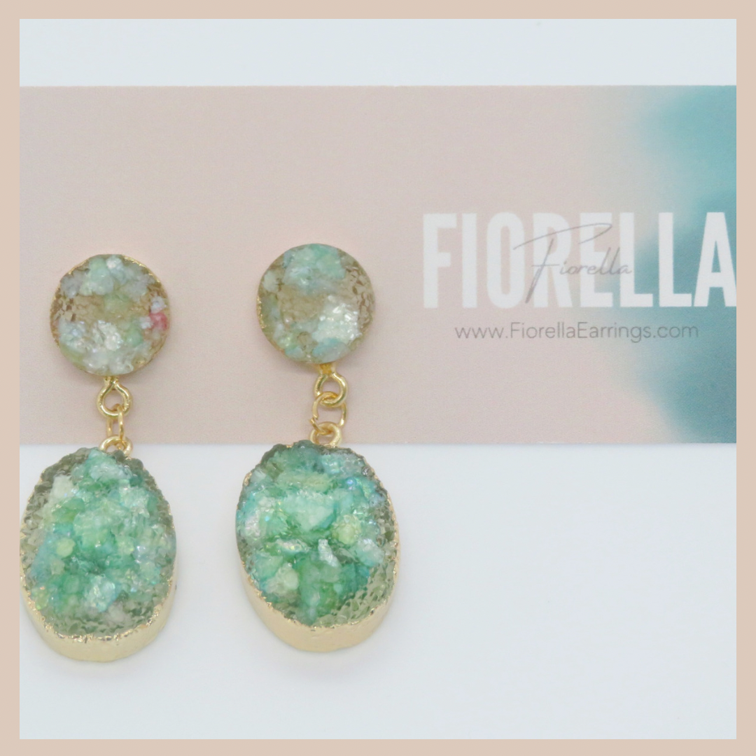 Natural Stone Effect Oval Drop Resin Earrings - Sea Green