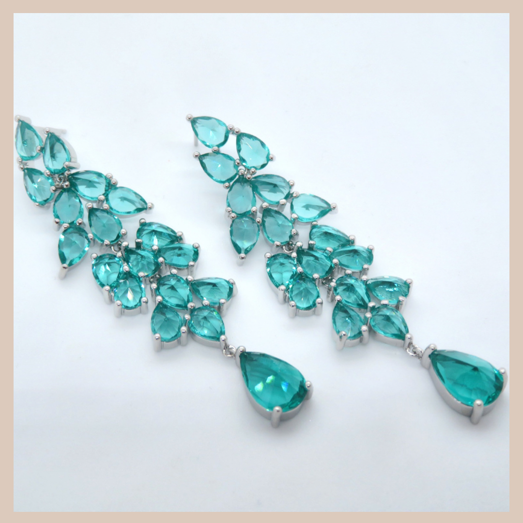 Premium Leaf Cluster Long Drop Earrings - Silver & Sea Green