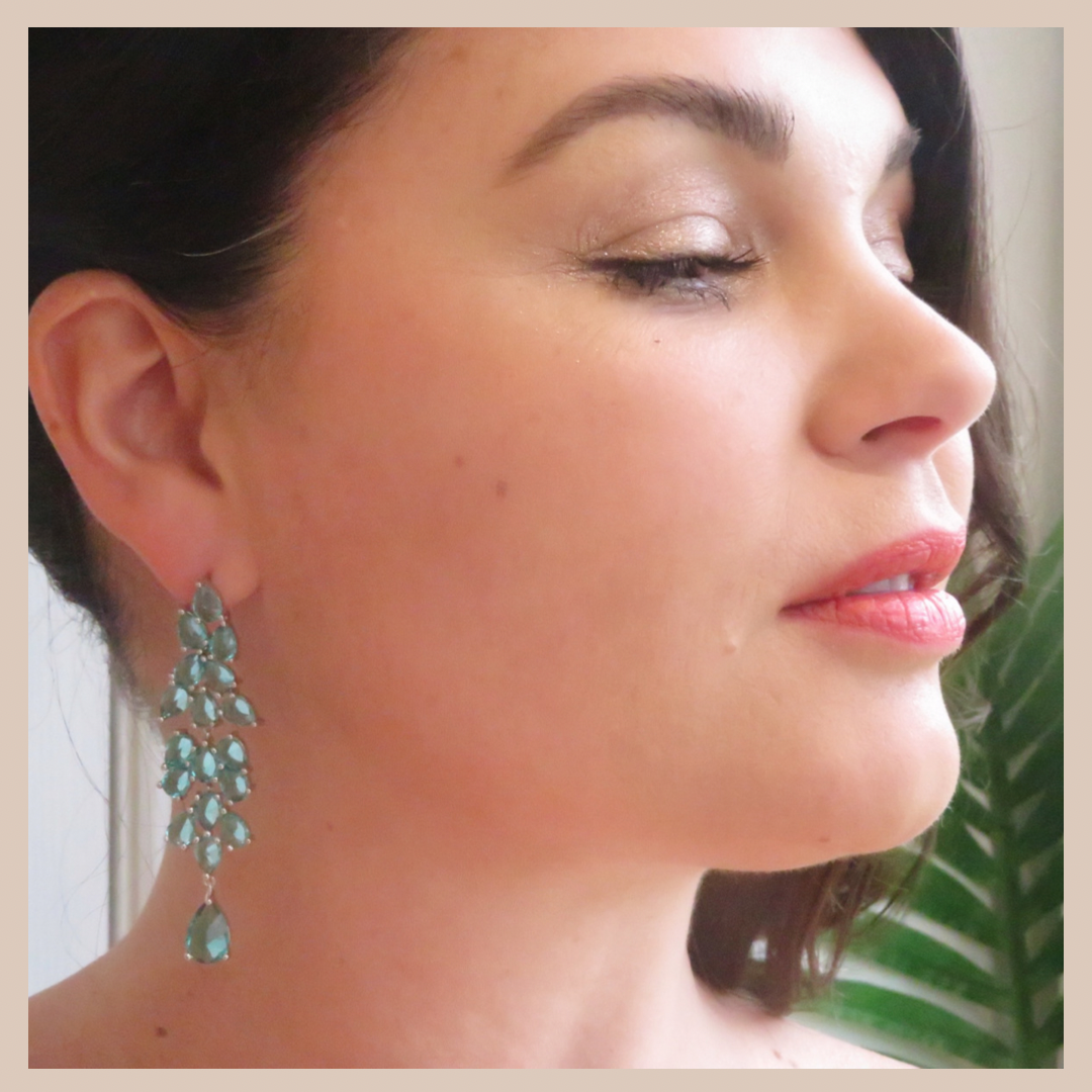 Premium Leaf Cluster Long Drop Earrings - Silver & Sea Green