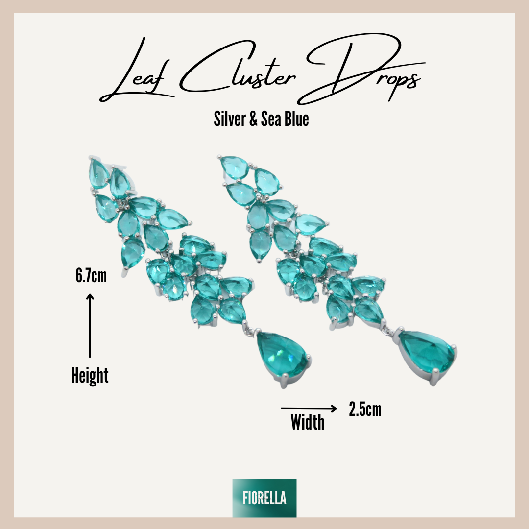 Premium Leaf Cluster Long Drop Earrings - Silver & Sea Green