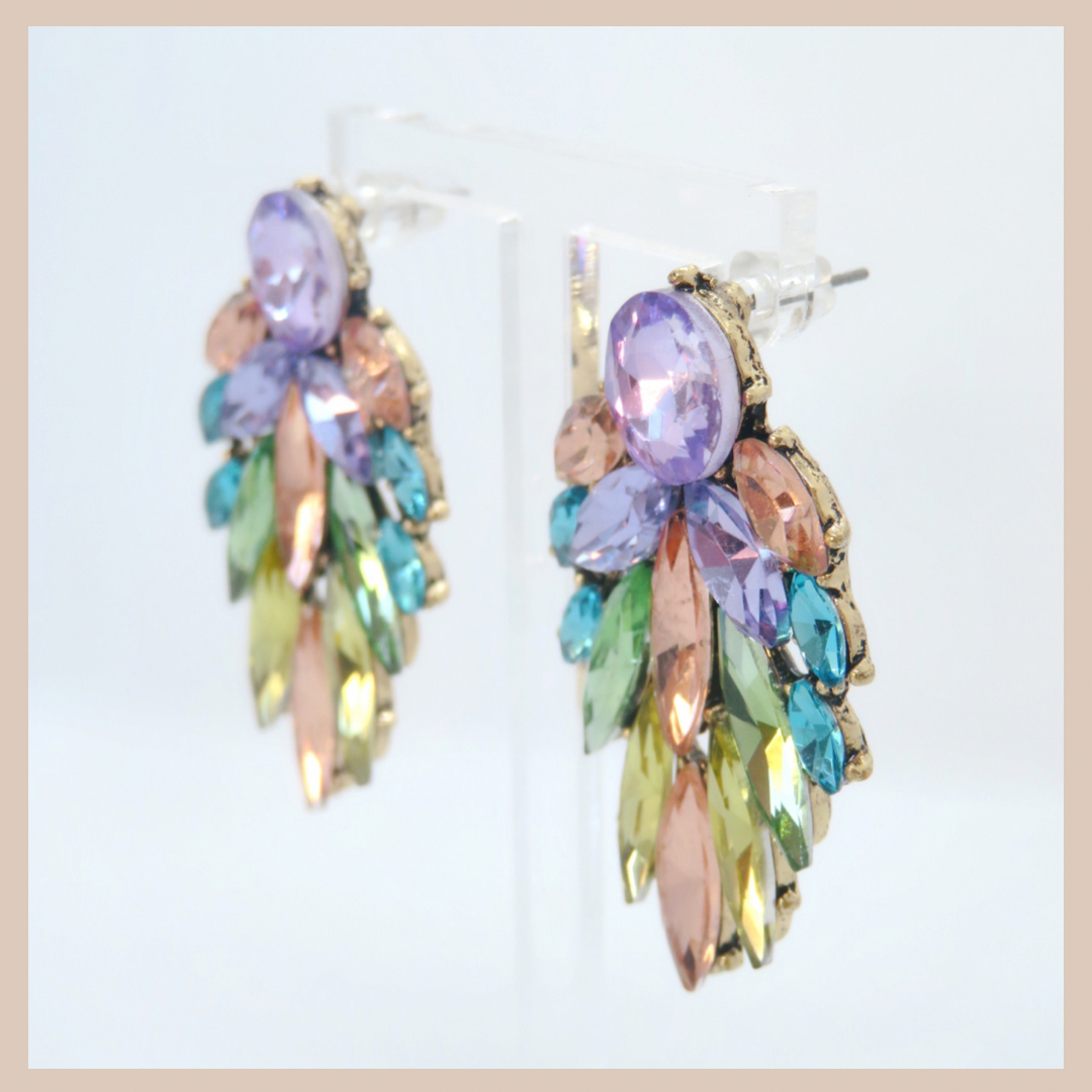 Rhinestone Leaf  Medium Earrings - Lilac Blush Green & Blue