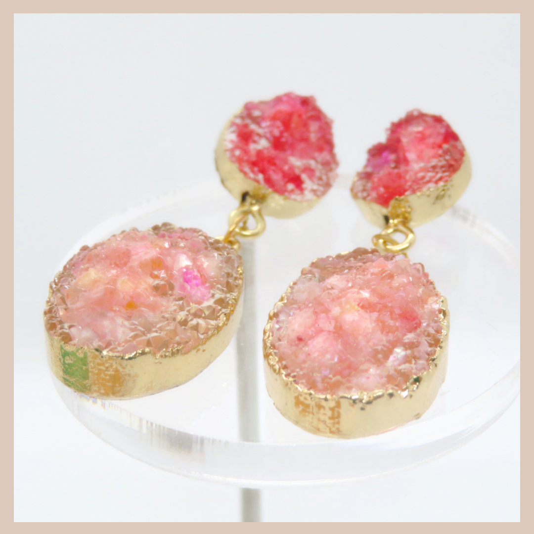 Natural Stone Effect Oval Drop Resin Earrings - Pink