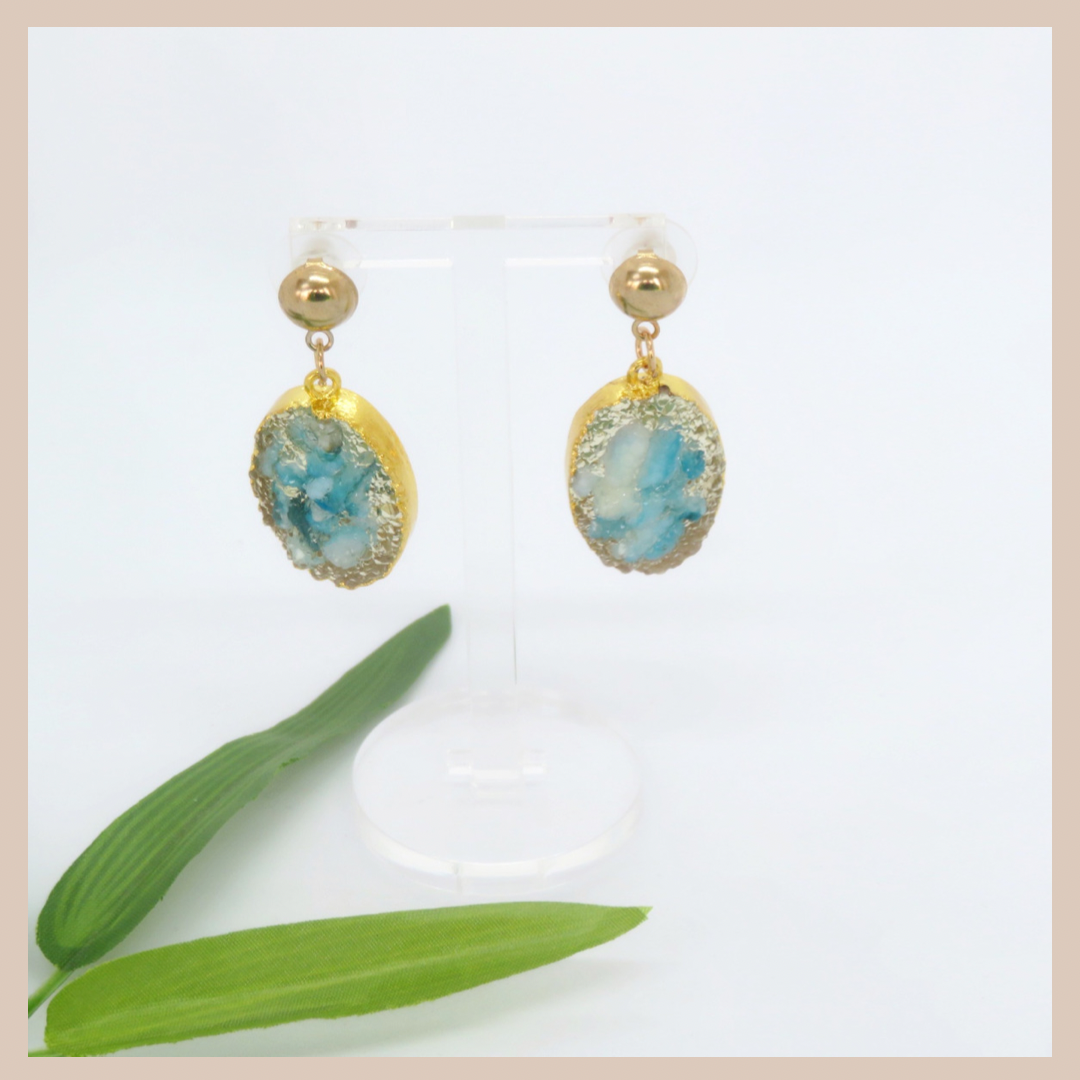 Gold Stud & Oval Natural Stone Effect Earrings - Sea Blue & Gold