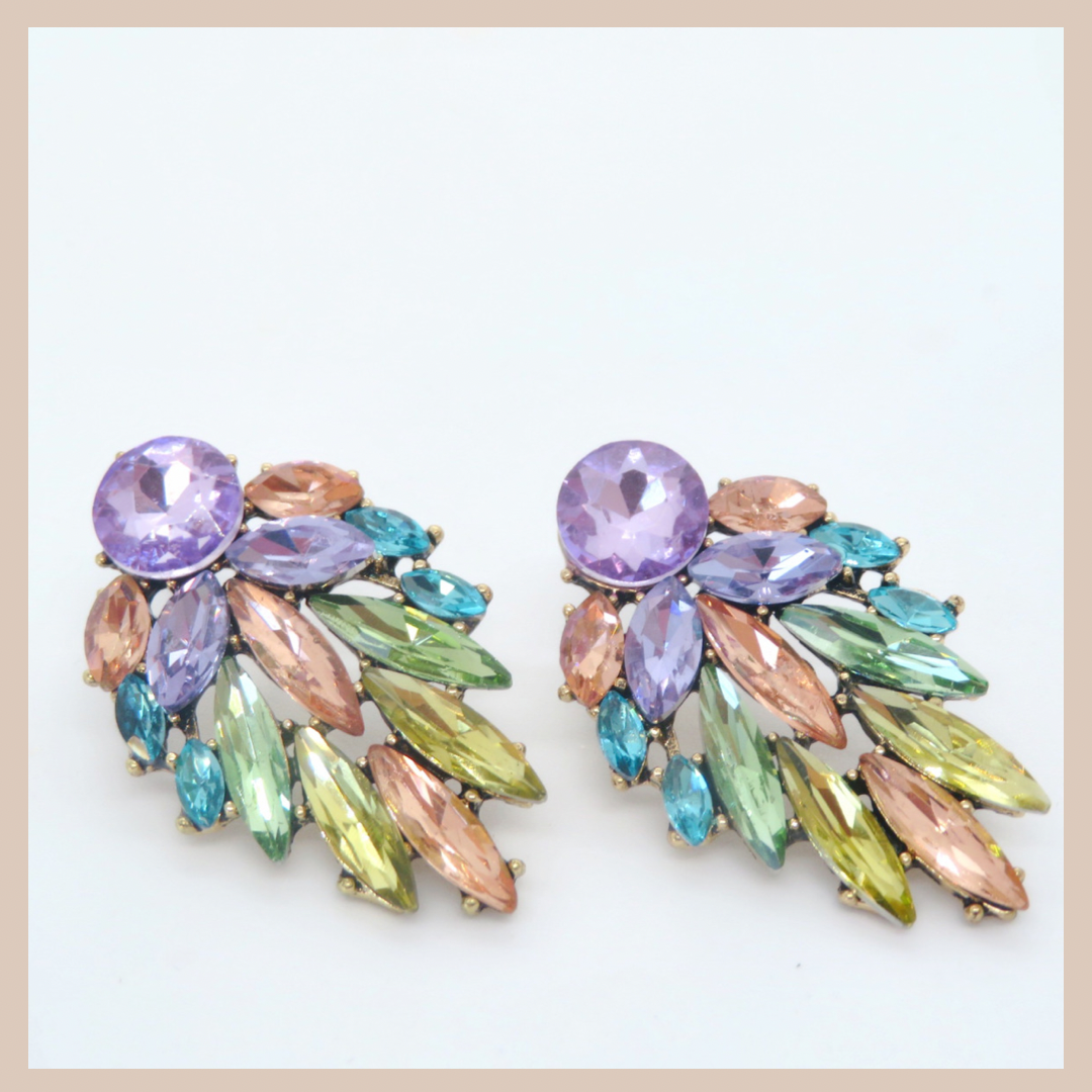 Rhinestone Leaf  Medium Earrings - Lilac Blush Green & Blue