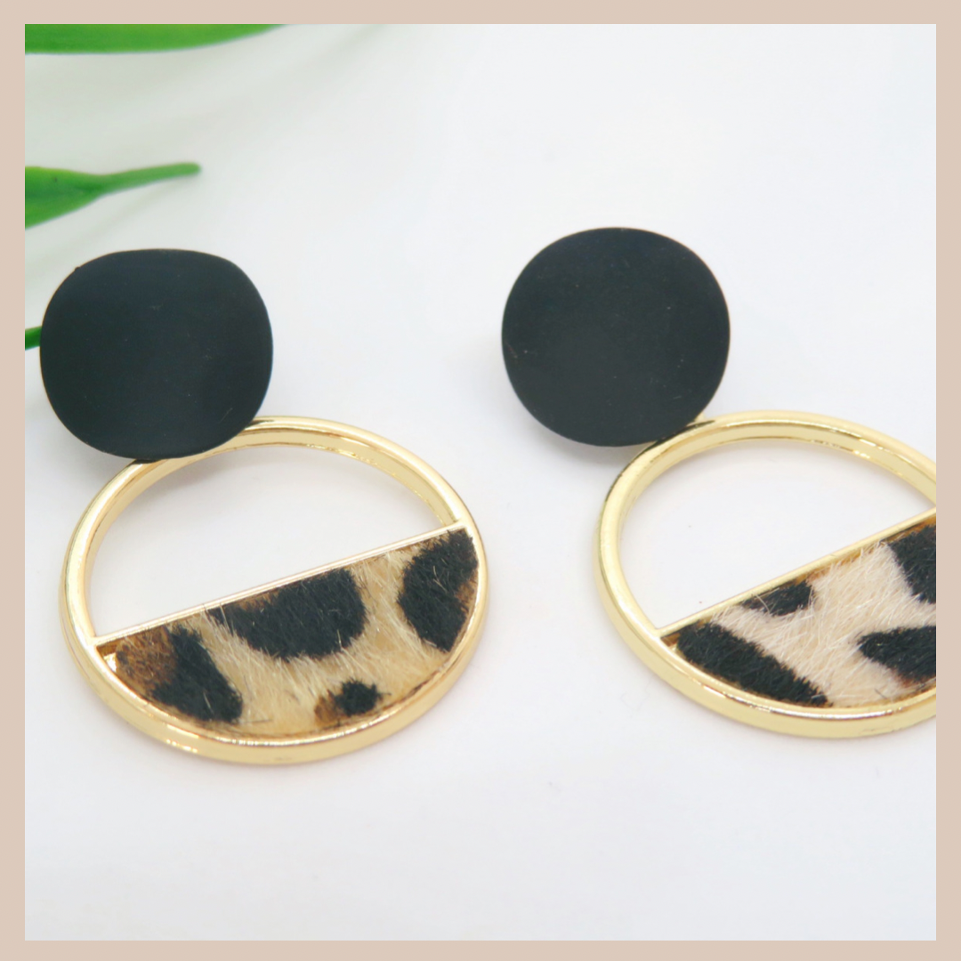 Geometric Leopard & Matte Black Earrings