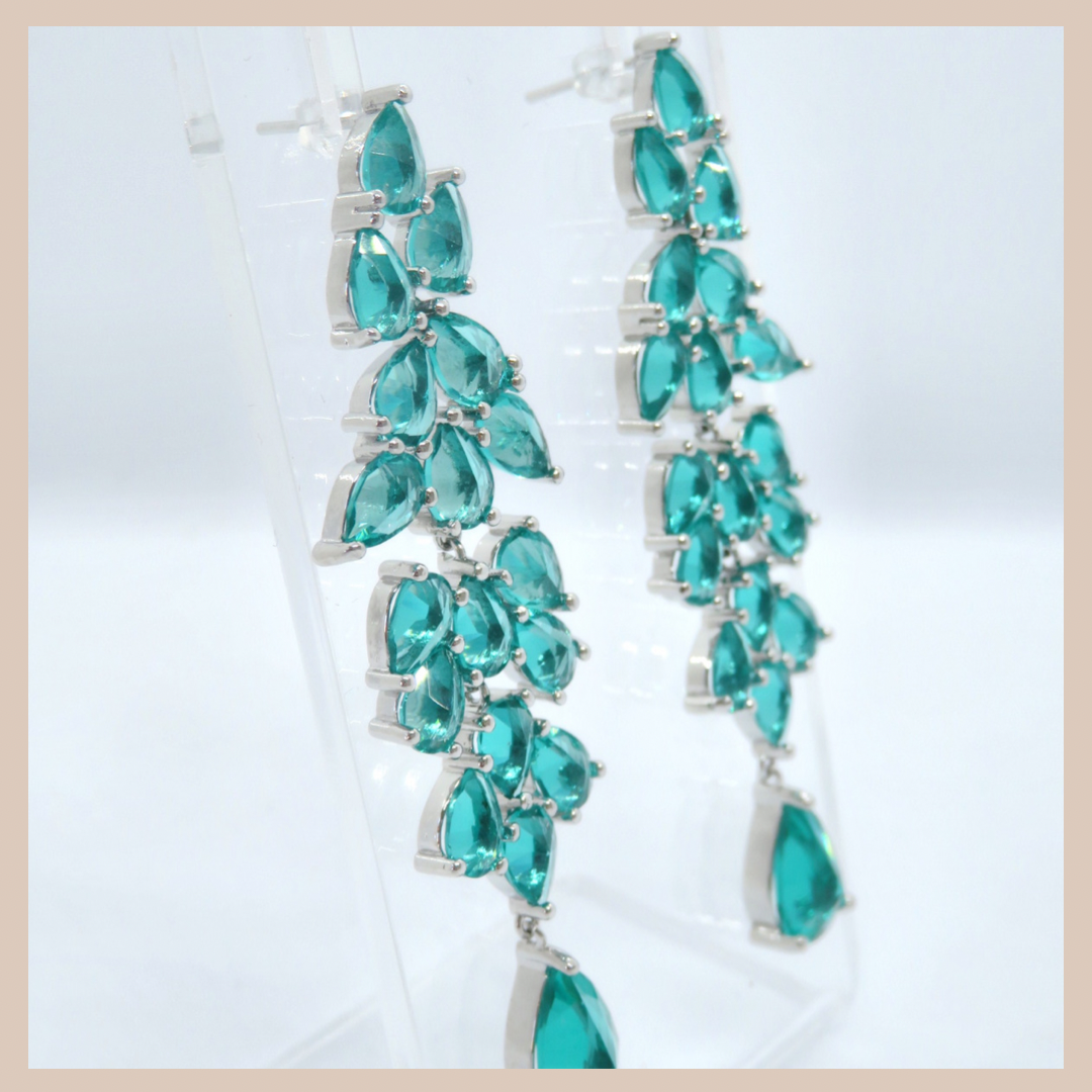 Premium Leaf Cluster Long Drop Earrings - Silver & Sea Green