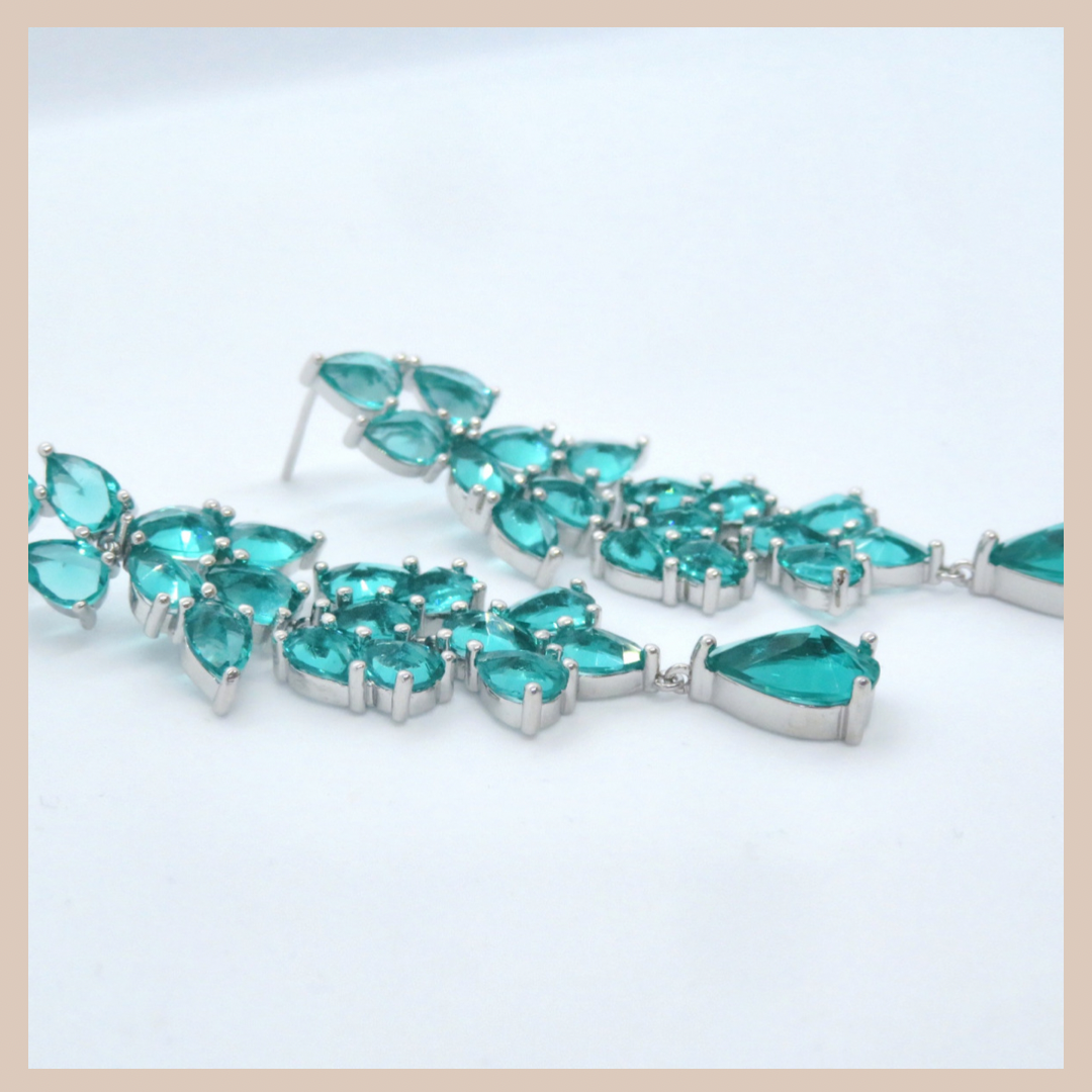 Premium Leaf Cluster Long Drop Earrings - Silver & Sea Green