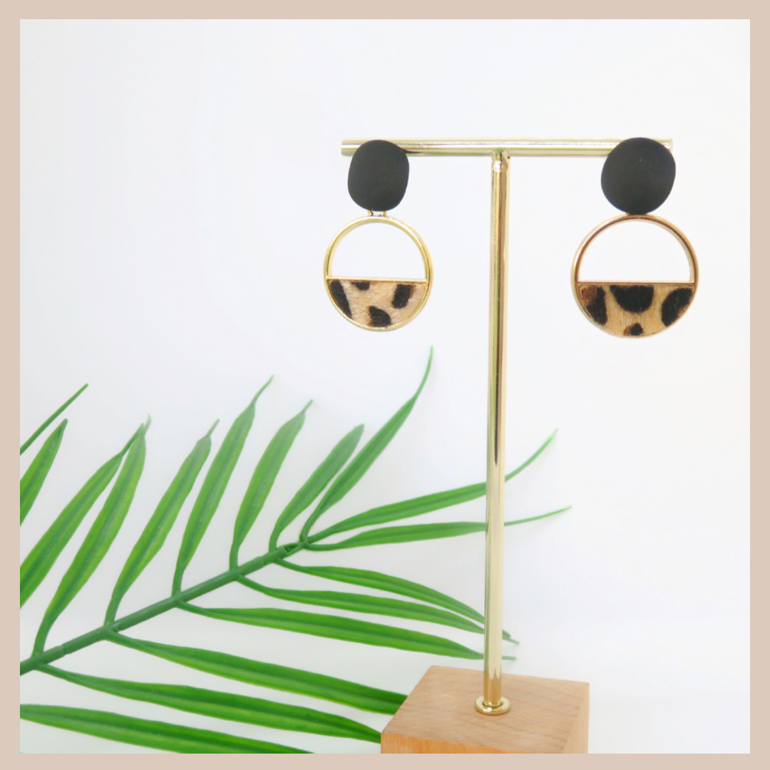 Geometric Leopard & Matte Black Earrings