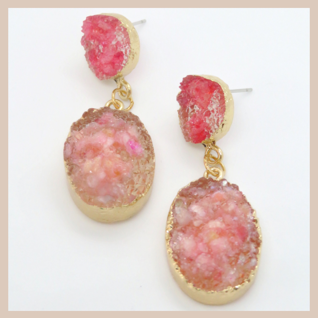 Natural Stone Effect Oval Drop Resin Earrings - Pink