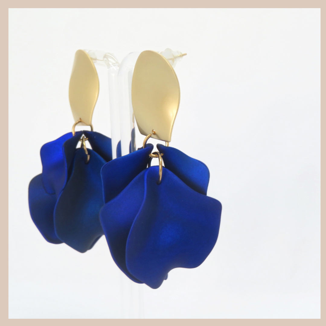 Acrylic Petal Short Drop Earrings - Sapphire Shimmer & Gold