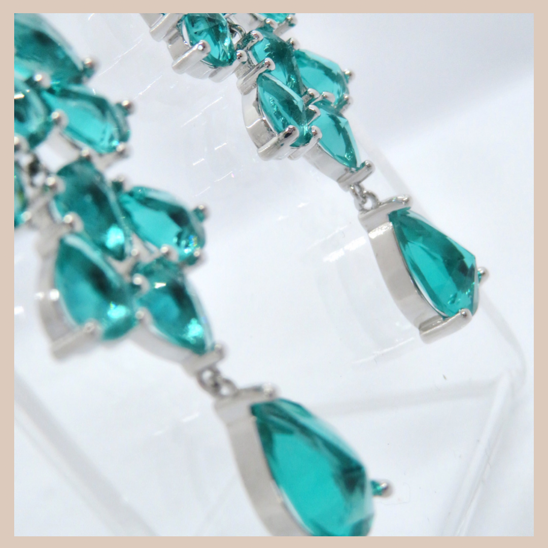 Premium Leaf Cluster Long Drop Earrings - Silver & Sea Green