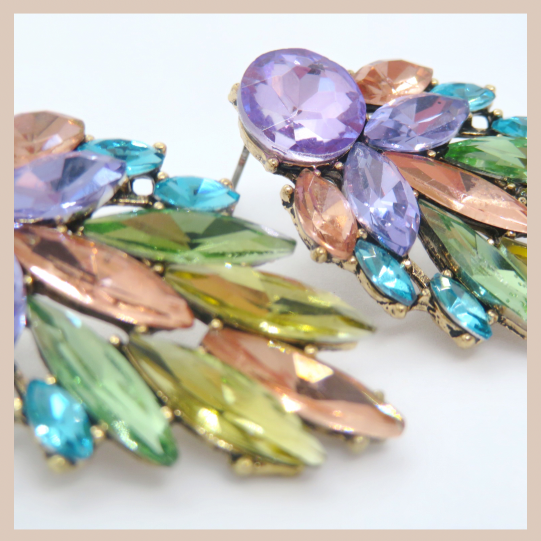 Rhinestone Leaf  Medium Earrings - Lilac Blush Green & Blue