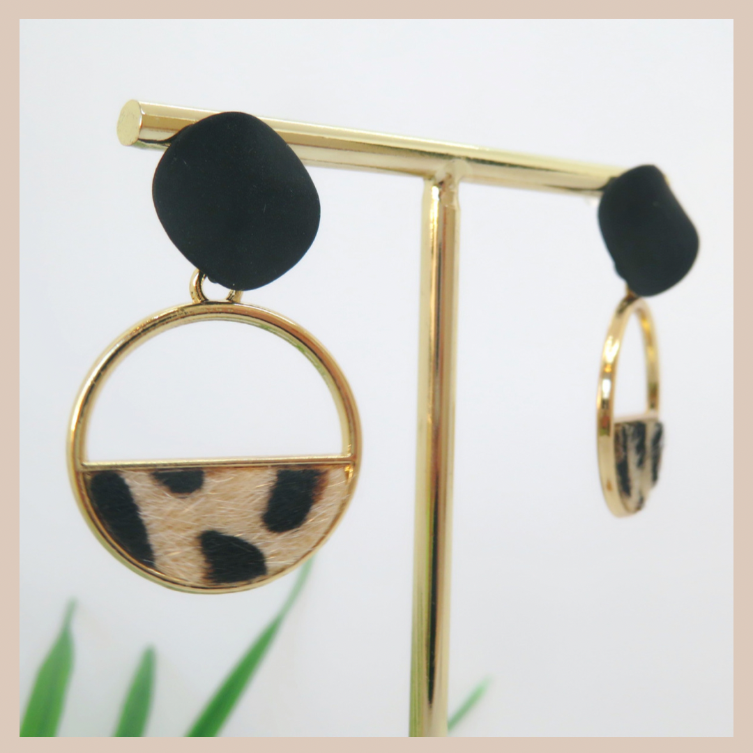 Geometric Leopard & Matte Black Earrings