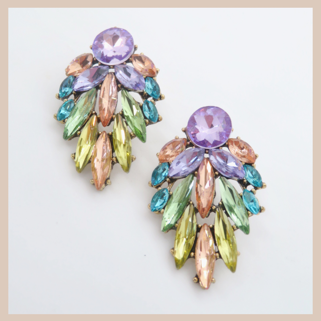 Rhinestone Leaf  Medium Earrings - Lilac Blush Green & Blue