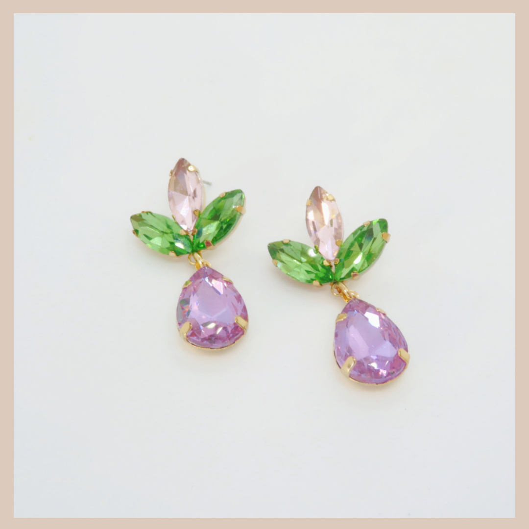 Tulip Water Drop Rhinestone Earrings - Lilac & Green