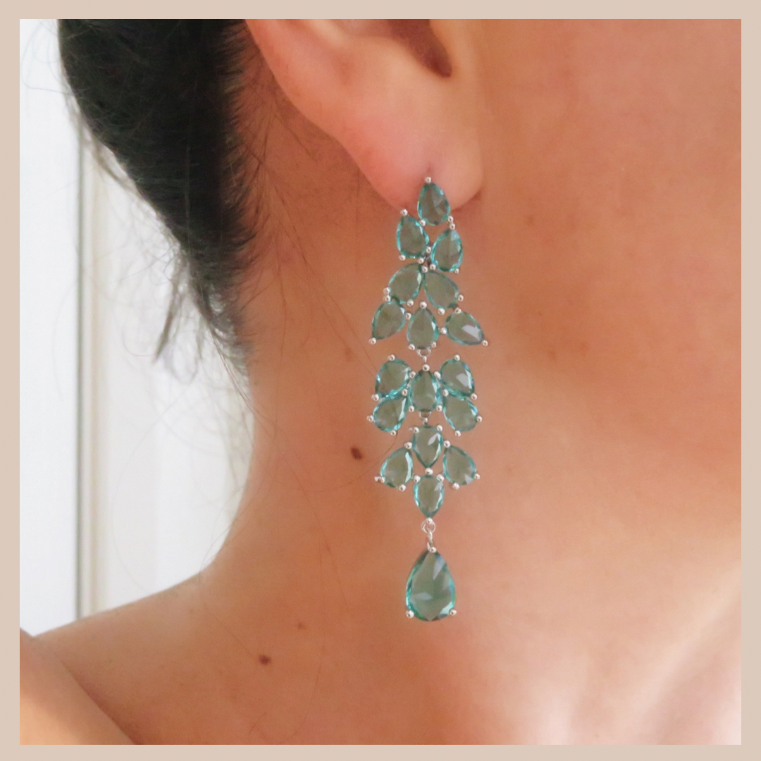 Premium Leaf Cluster Long Drop Earrings - Silver & Sea Green