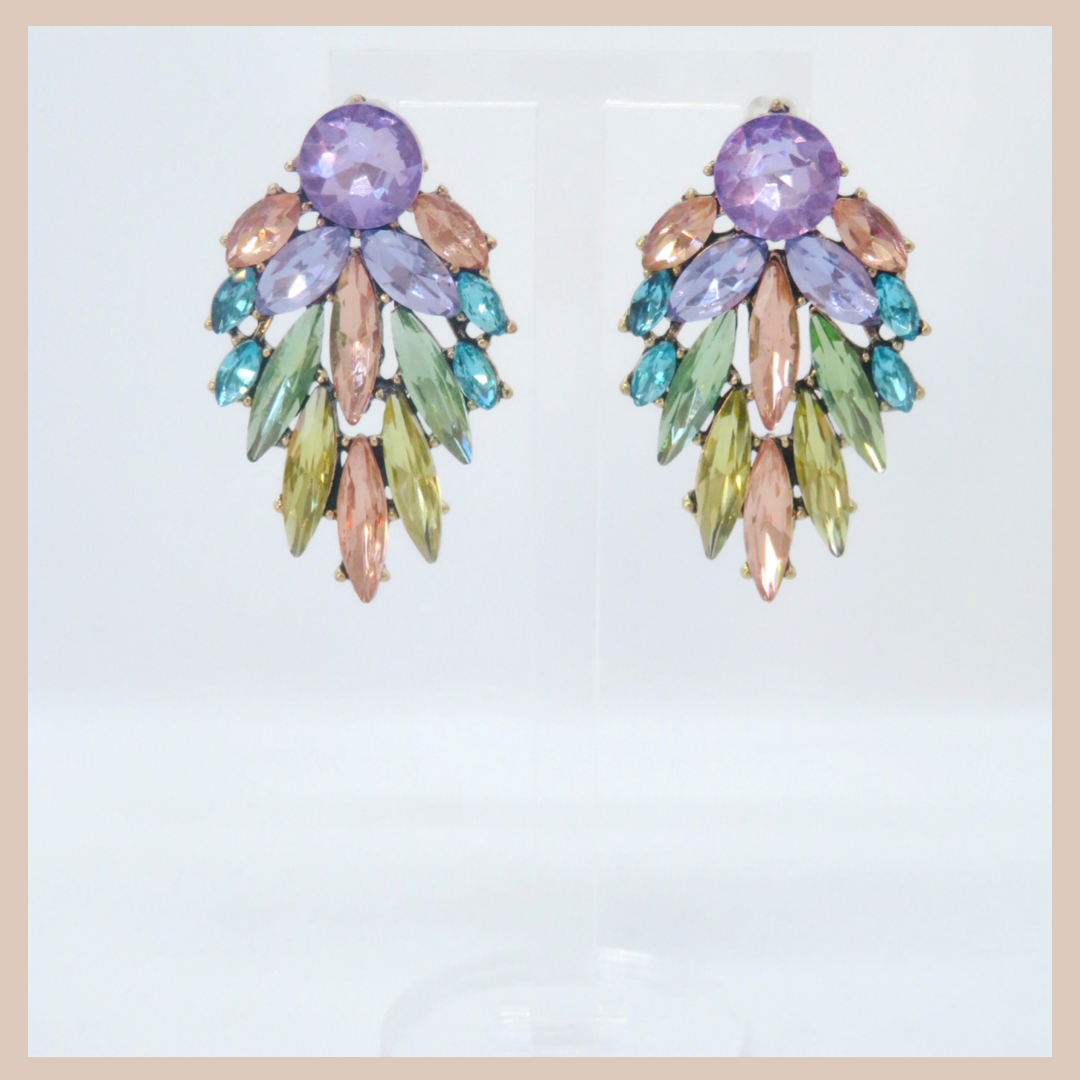 Rhinestone Leaf  Medium Earrings - Lilac Blush Green & Blue