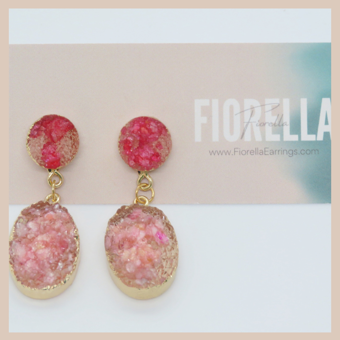 Natural Stone Effect Oval Drop Resin Earrings - Pink